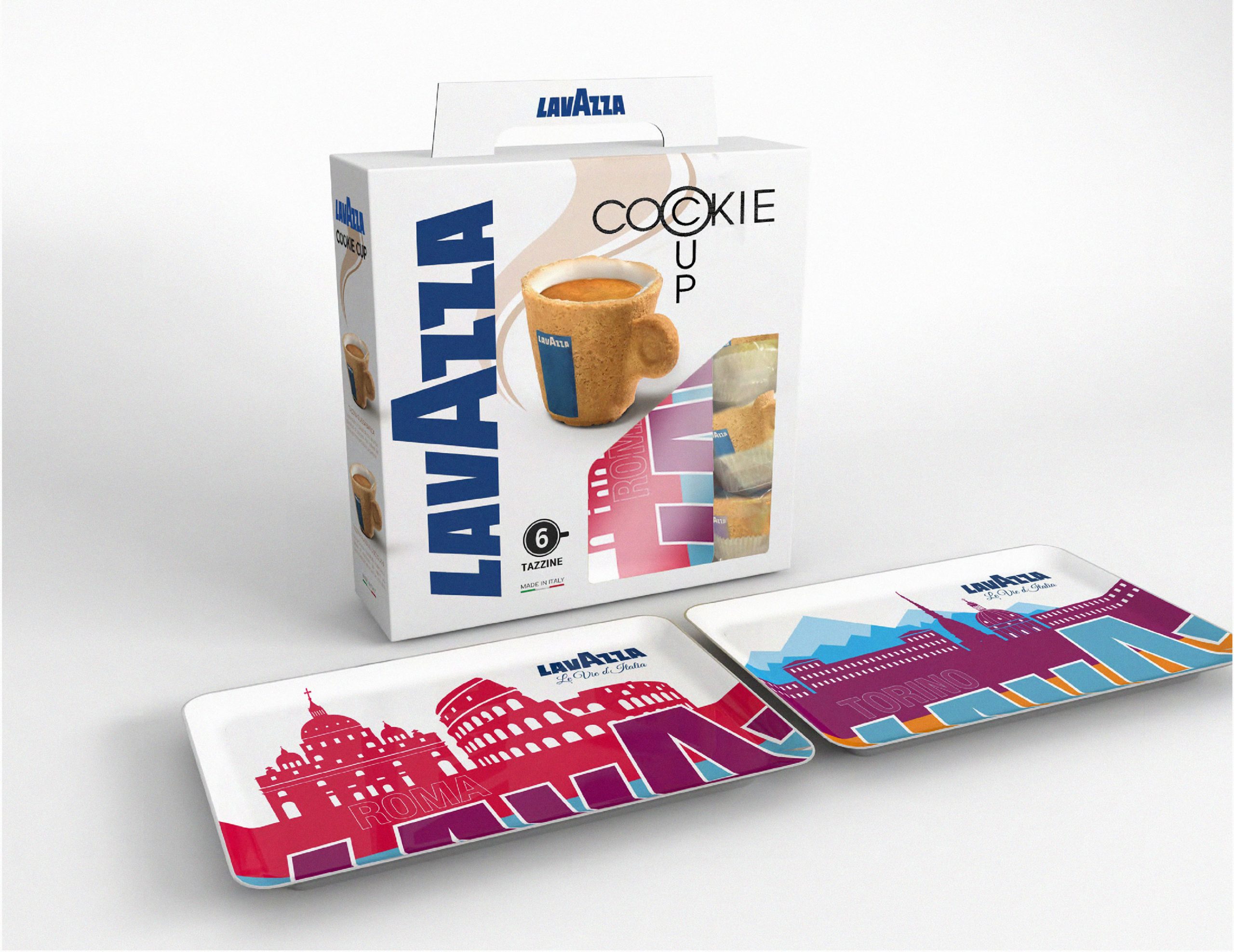 Packaging Lavazza Cookie Cup con vassoi Roma e Torino